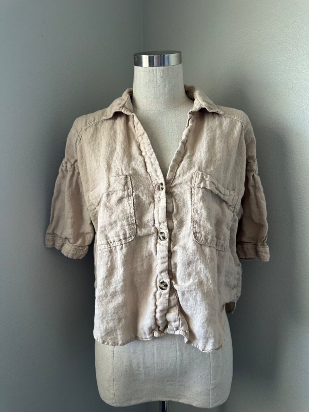 Zara Button Down Blouse Short Sleeve Breathable Lightweight Linen Minimalist Bei